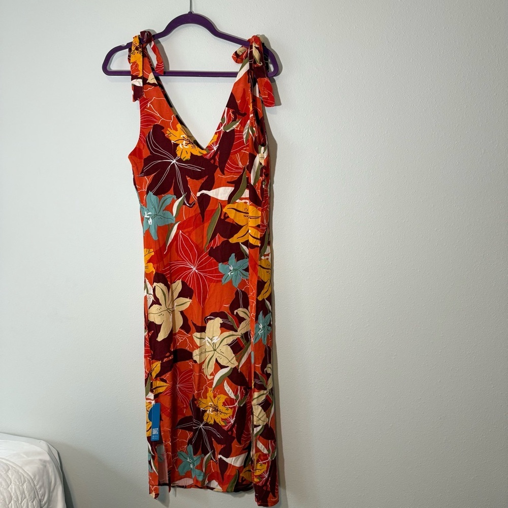Cupshe Orange Floral Shift Midi Dress w Tie Shoulders and Slits Women’s XS New - Picture 6 of 7